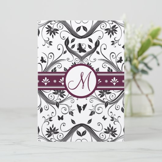 Invitation Black Damask Butterfly Swirls Plum Wedding Invite (Debout devant)