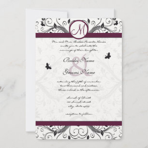 Invitation Black Damask Butterfly Swirls Plum Wedding Invite