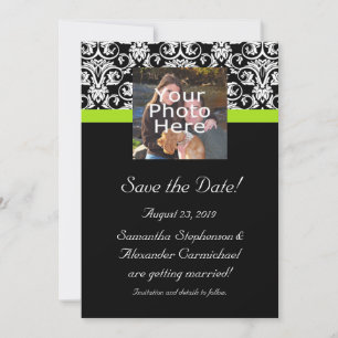 Invitation Black Damask Chartreuse Green Photo Enregistrer la