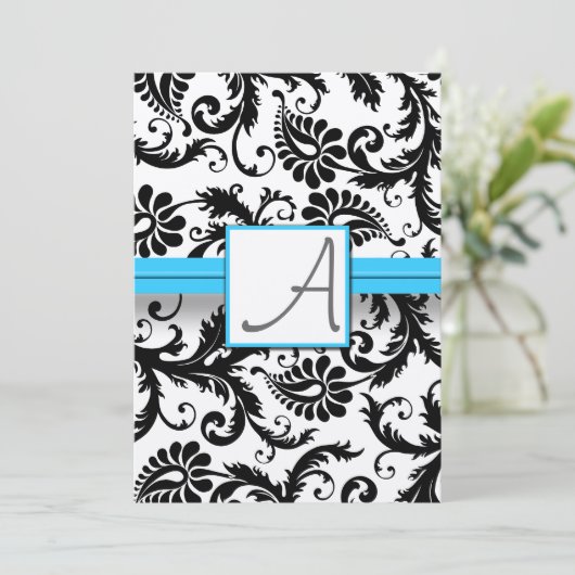 Invitation Black Damask Éperce Bright Aqua Raisonné Trim (Debout devant)