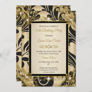 Invitation Black Damask Gold Beige Photo Anniversaire