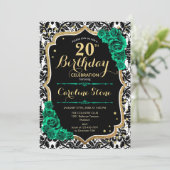 Invitation Black Damask Gold Green Roses 20e anniversaire (Debout devant)