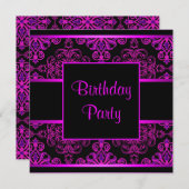 Invitation Black Damask Hot rose violet fête d'anniversaire (Devant / Derrière)