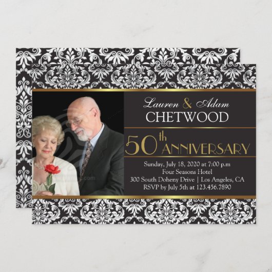 Invitation Black Damask Photo 50th Mariage Anniversaire Invit (Devant / Derrière)