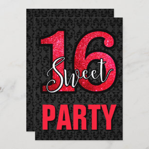 Invitation Black Damask Red Parties scintillant Sweet 16 Anni