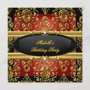 Invitation Black Damask Rouge Anniversaire Party Gold 2 Diamo