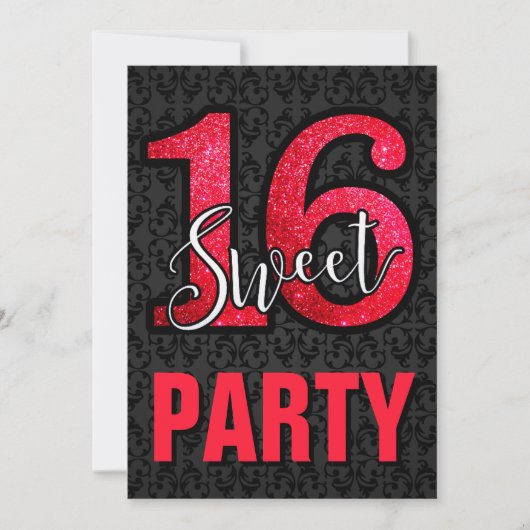 Invitation Black Damask Rouge Parties scintillant Sweet 16 An (Devant)