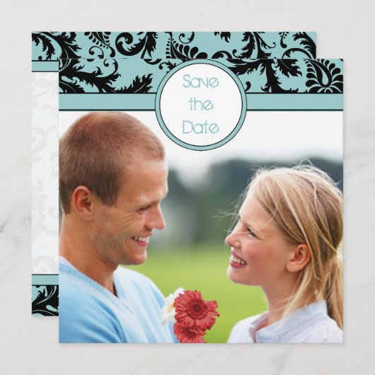 Invitation Black Damask sur Aqua Wedding Enregistrer la date (Devant / Derrière)