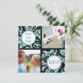 Invitation Black Damask sur Aqua Wedding Enregistrer la date (Debout devant)