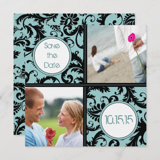 Invitation Black Damask sur Aqua Wedding Enregistrer la date (Devant / Derrière)