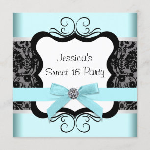 Invitation Black Damask Turquoise Black Sweet 16 Anniversaire