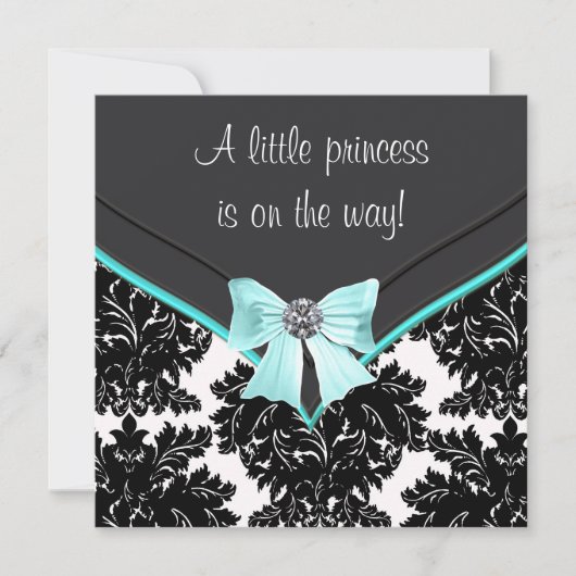 Invitation Black Damask Turquoise Blue Bow Princess Baby show (Devant)