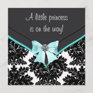Invitation Black Damask Turquoise Blue Bow Princess Baby show