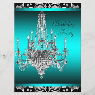 Invitation Black Damask Turquoise Lustre bleu fête d'annivers