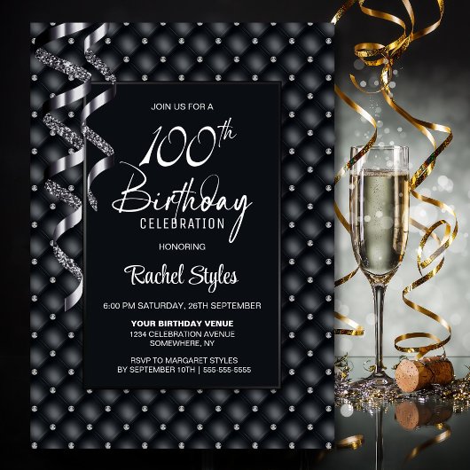 Invitation Black Diamond Motif 100e fête d'anniversaire