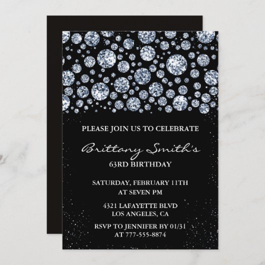 Invitation Black Diamond Sparkle Parties scintillant 63e anni (Devant / Derrière)