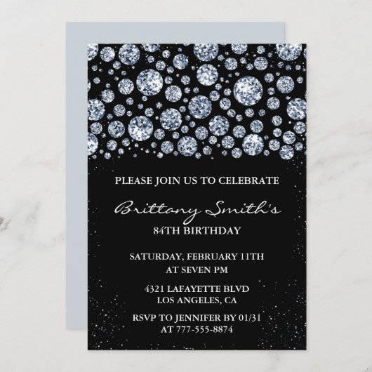 Invitation Black Diamond Sparkle Parties scintillant 84e anni (Devant / Derrière)