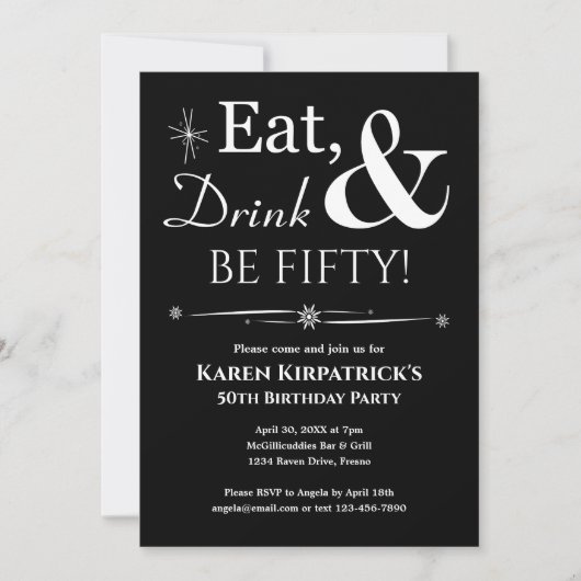 Invitation Black Eat Drink Be Fifty 50th Birthday Retro (Devant)