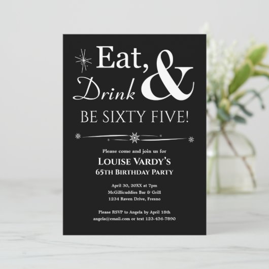 Invitation Black Eat Drink Be Sixty Five 65th Birthday Retro (Debout devant)