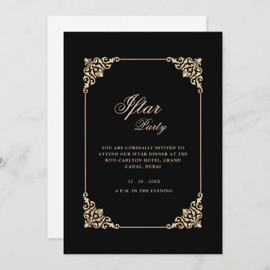 Invitation Black Elegant Classic Frame Script Iftar Party (Devant / Derrière)