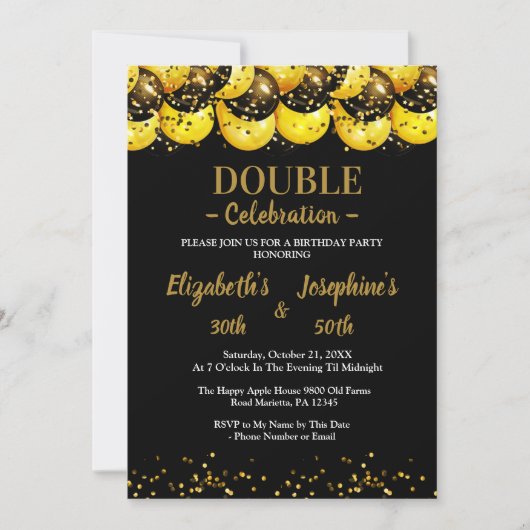 Invitation Black Elegant Double Anniversaire Soiree Invitatio (Devant)