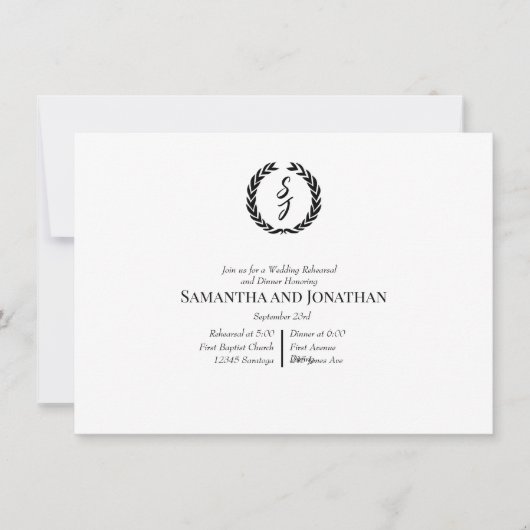 Invitation Black Elegant Monogram Wreath Wedding Rehearsal (Devant)