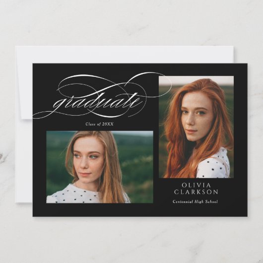 Invitation Black Elegant Script 3 Photo Graduation Party (Devant)