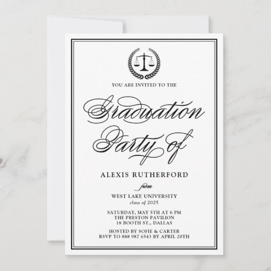 Invitation Black Elegant Script Law School Graduation Party (Devant)