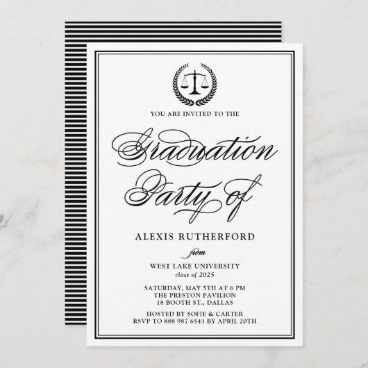 Invitation Black Elegant Script Law School Graduation Party (Devant / Derrière)