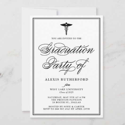 Invitation Black Elegant Script Médicale School Graduation (Devant)