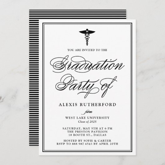Invitation Black Elegant Script Médicale School Graduation (Devant / Derrière)