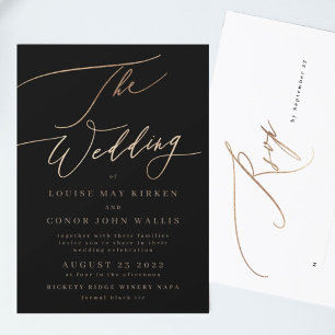 Invitation Black Elegant Simple Gold Rsvp on back Wedding