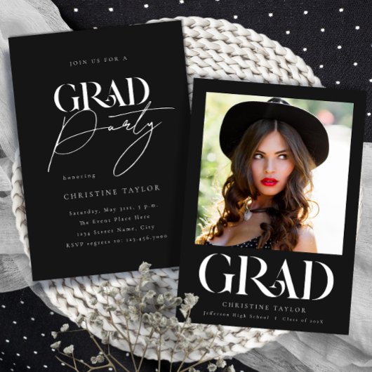 Invitation Black Elegant Typographie Photo Graduation Party