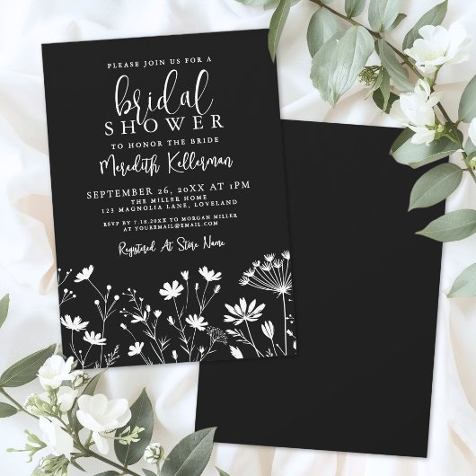 Invitation Black Elegant Wildflower Bridal Shower