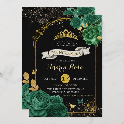 Invitation Black Emerald Green Couronne Quinceañera (Devant / Derrière)
