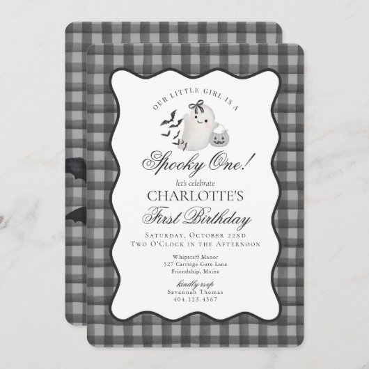 Invitation Black En vichy Preppy Ghost Éffrayant Un 1er anniv (Devant / Derrière)