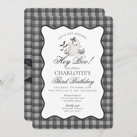 Invitation Black En vichy Preppy Ghost Hey Boo Anniversaire (Devant / Derrière)