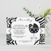 Invitation Black et bleu Zebra Baby Boy Douche (Debout devant)