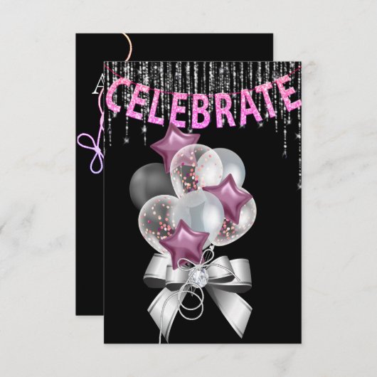 Invitation Black et Silver violet avec Balloons girl Party (Devant / Derrière)
