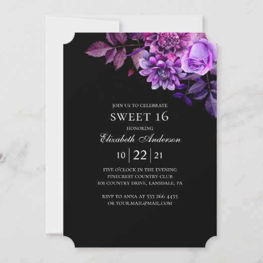 Invitation Black et violet Sweet 16. Floral 16e anniversaire (Devant)