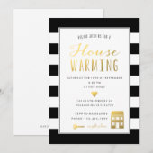Invitation Black et White Stripe Gold House Party (Devant / Derrière)