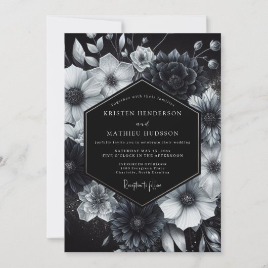 Invitation Black Ethereal Bloom Wedding (Devant)