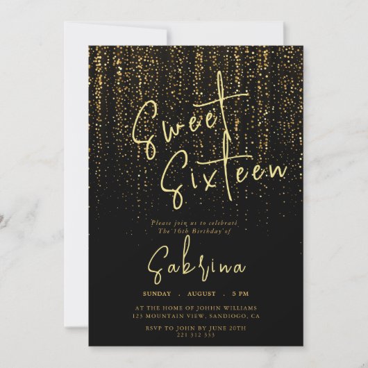 Invitation Black Falling Golden Sparkles Sweet 16 Anniversair (Devant)