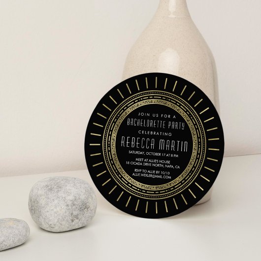 Invitation Black & Faux Gold Art Deco Bachelorette