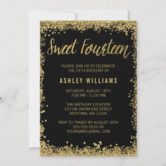 Invitation Black Faux Gold Parties scintillant Sweet 14e fête (Devant)