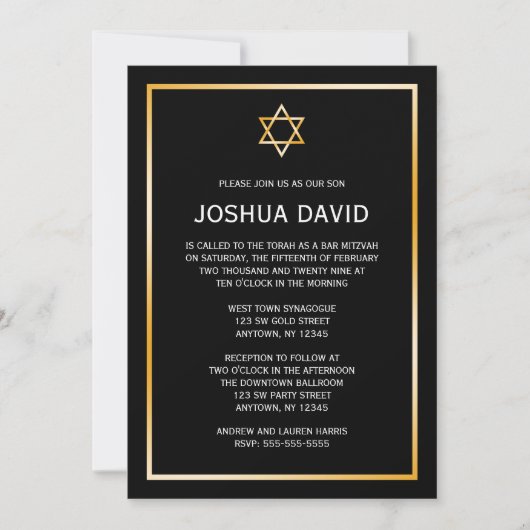 Invitation Black Faux Gold Star de David Bar Mitzvah (Devant)