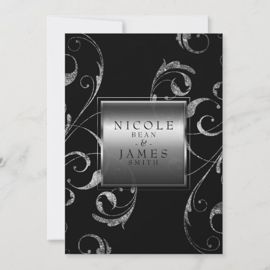 Invitation Black & Faux Silver Glass Floral Swirl Élégant (Devant)