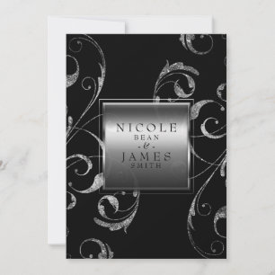 Invitation Black & Faux Silver Glass Floral Swirl Élégant