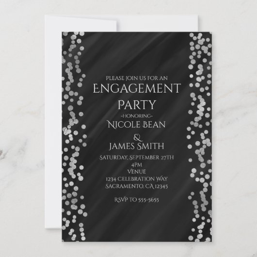 Invitation Black & Faux Silver Modern Glam Fiançailles Mariag (Devant)