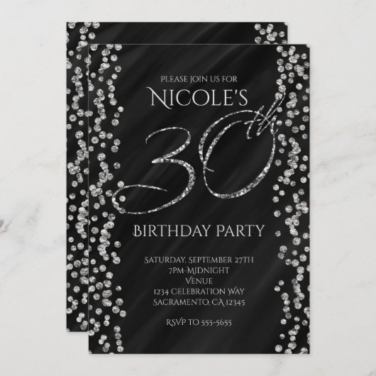 Invitation Black & Faux Silver Parties scintillant Glam 30 30 (Devant / Derrière)